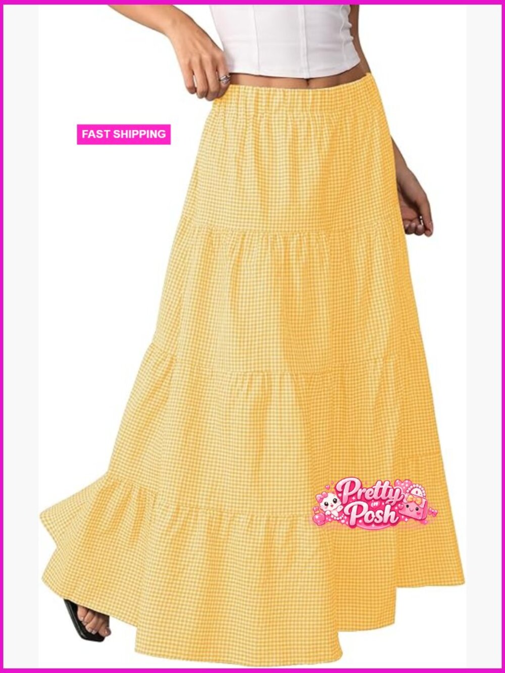 Boho Flowy Maxi Skirt Ruffled Hem Tiered Layers Elastic High Waist A-Line